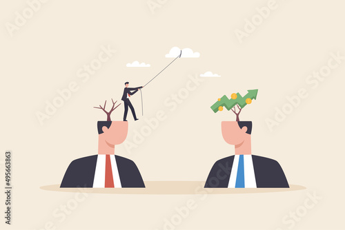 Business change or change investment portfolios change management or the transition to a more innovative company...Businessman hung rope across the gap big head to find new investment opportunities.
