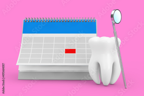 Dental Health Concept. Tooth Icon with Dental Inspection Mirror for Teeth and Reminder Calendar for Visiting the Dentist. 3d Rendering