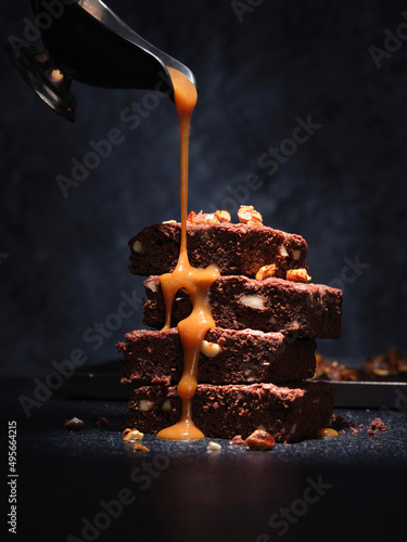 Brownies tower with caramel sauce photo