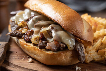 Sierkussen Snackbar Philly cheesesteak met krokante frietjes  © chas53