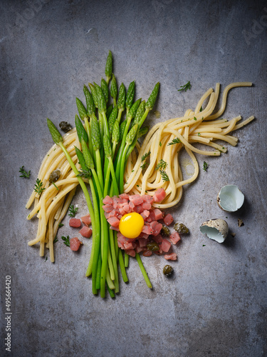 Chitarra Pasta with wild asparagus veal tartare photo