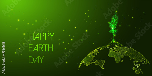 Futuristic Earth Day concept banner with glowing low polygonal globe map and plant sprout isolated on dark green
