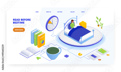 Read before bedtime, landing page design, website banner vector template. Man reading book in bed. Daily night routine.