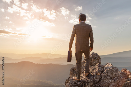 Successful business man, holding his business attache and standing on the top of mountain. competition and leadership concept.