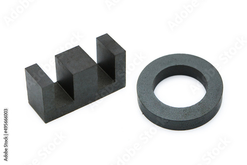 Ferrite cores for transformers isolated on white background. Two perspectives.	