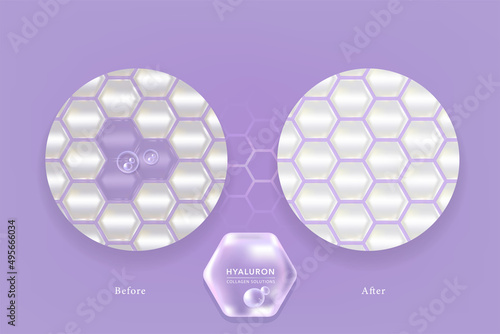 Hyaluronic acid before and after skin solutions ad, purple collagen serum drops with cosmetic advertising background ready to use, illustration vector.