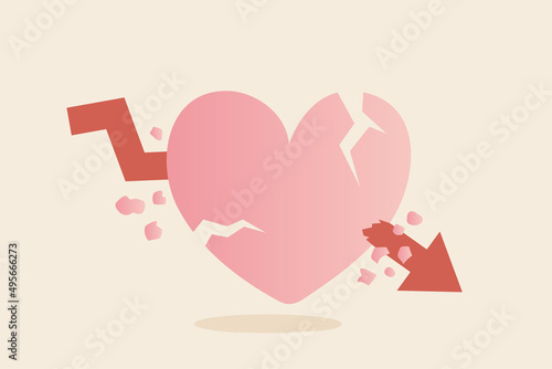 Heart attack or broken heart concept. .arrow doen pierced heart. photo