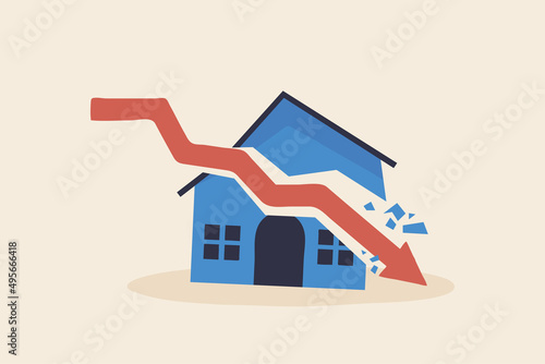 Housing crisis, Real estate debt or property prices drop.  The concept of low cost real estate. .Arrow graph hitting the house.