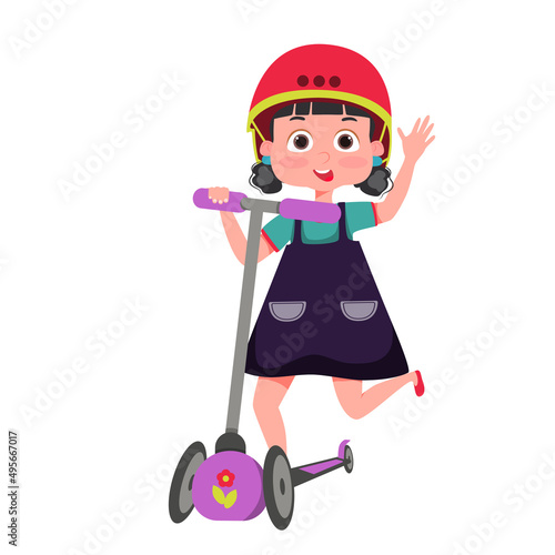 Children play on a scooter in the park, a kid plays on a scooter in a protective helmet. Summer rest. Outdoor activities, children characters. Vector illustration.