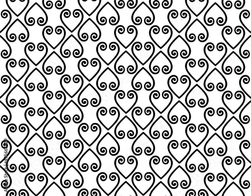 Abstract arabesque seamless pattern with love heart shape ornament. Abstract ornamental floral asian texture. Artistic diagonal flourish tile damask background.