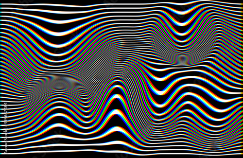 White optical illusion waves on black background with rgb shift glitch effect. Abstract background.