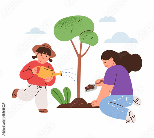 Arbor Day concept vector illustration. Mother and daughter are planting and watering trees.
