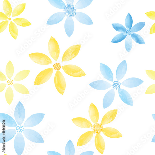 Floral pattern. Flower in color of ukrainian flag seamless watercolor drawn background. Flourish ornamental wallpaper concept design of no war, peace in Ukraine with flowers of peace