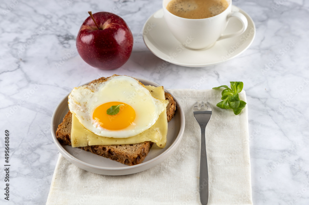 Fototapeta premium Toast with, cheese, fried egg, red apple and cup of coffee on white ceramic plate . Selective focus.