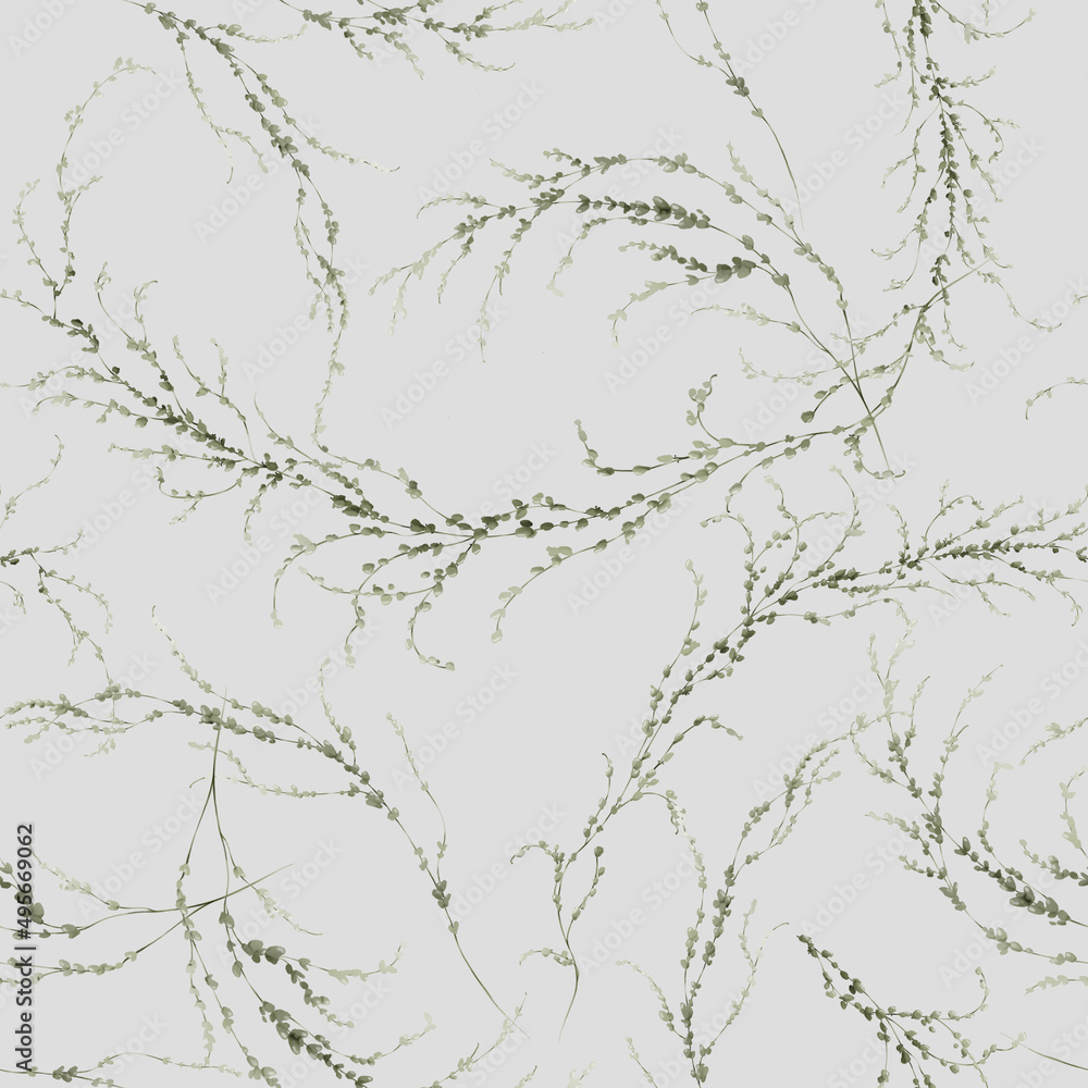 Fototapeta premium Seamless floral pattern with greenery on summer background, watercolor illustration. Template design for textiles, interior, clothes, wallpaper. Floral print