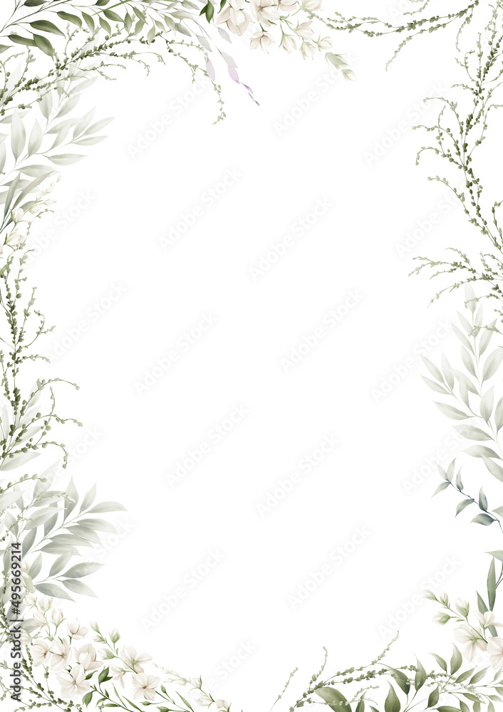 Floral frame, Greenery, Greeting card with foliage, can be used as invitation card for wedding, birthday and other holiday and  summer background. Botanical art.