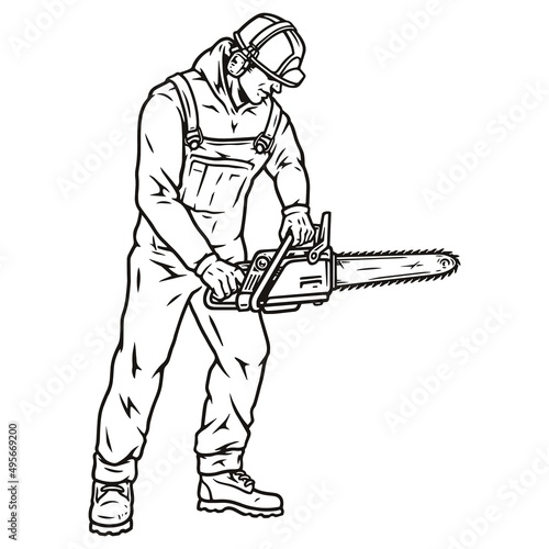 Construction worker in hardhat using chainsaw