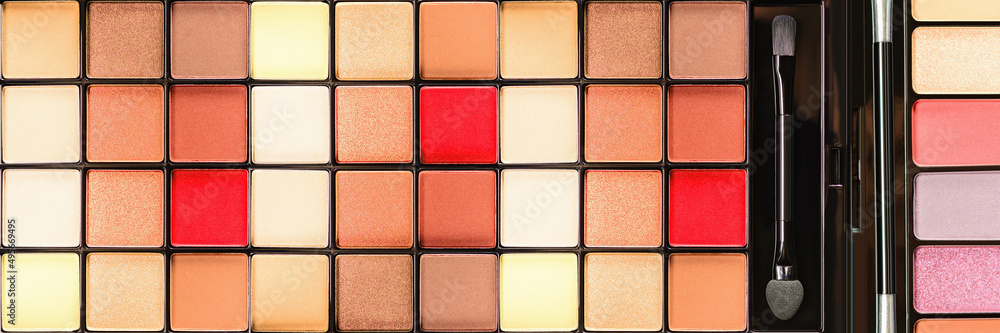 Pallet shadows for applying on face. Eye shadow and eyeliner. Womens beauty. Banner. Pallet shadows for applying on face. Eye shadow and eyeliner. Womens beauty. Banner.