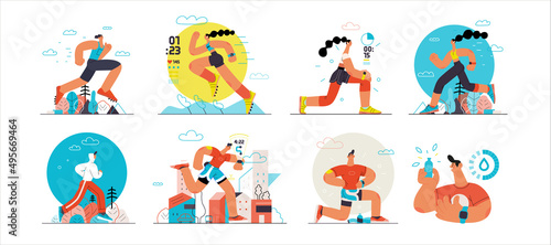 Runners set. Flat vector concept illustrations of male and female athletes running in the park, forest, stadium track or street landscape. Healthy activity and lifestyle. Sprint, jogging, warming up.