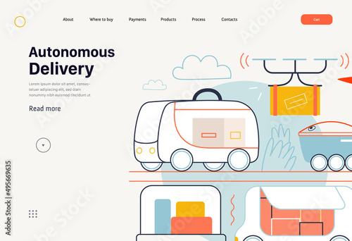 Technology Memphis - autonomous delivery -modern flat vector concept digital illustration of last mile robot delivery trucks. Creative landing web page template