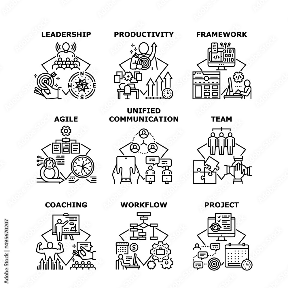 Project Leadership Set Icons Vector Illustrations. Product Leadership And Team Coaching, Productivity And Agile, Framework And Unified Communication. Businessman Occupation Black Illustration