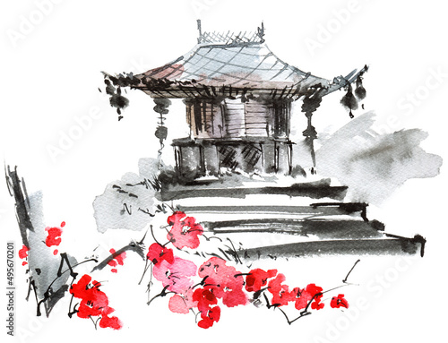 Photography Watercolor pagoda and blossom tree