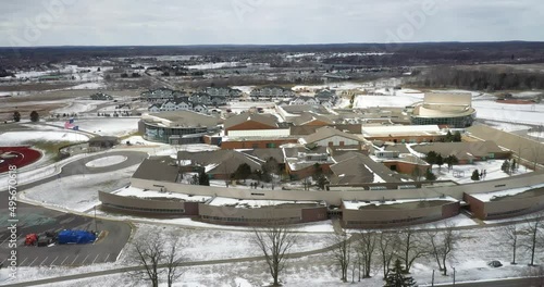 Oxford High School in Oxford, Michigan drone video moving with wide shot view. photo