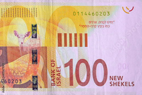 New Israeli money bills (banknotes) of 100 shekel close-up