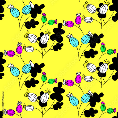 Vector seamless half-drop pattern, with bud and flowers