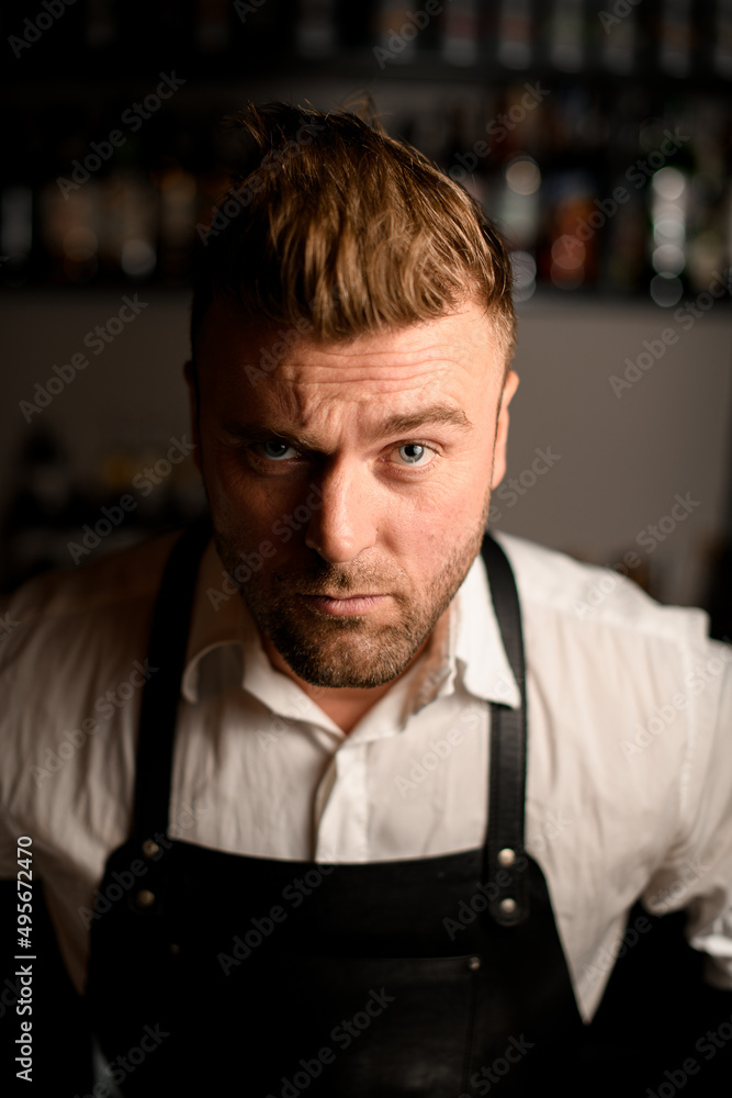 portrait of caucasian fair-haired man with beard and blue eyes in black leather apron portrait of caucasian fair-haired man with beard and blue eyes in black leather apron