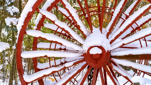 Interlochen State Park, Winter, Michigan: These 19th-century logging wheels were also called high wheels, big wheels, dragging wheels, lumber harvesting wheels, log bummer carts, and nibs.