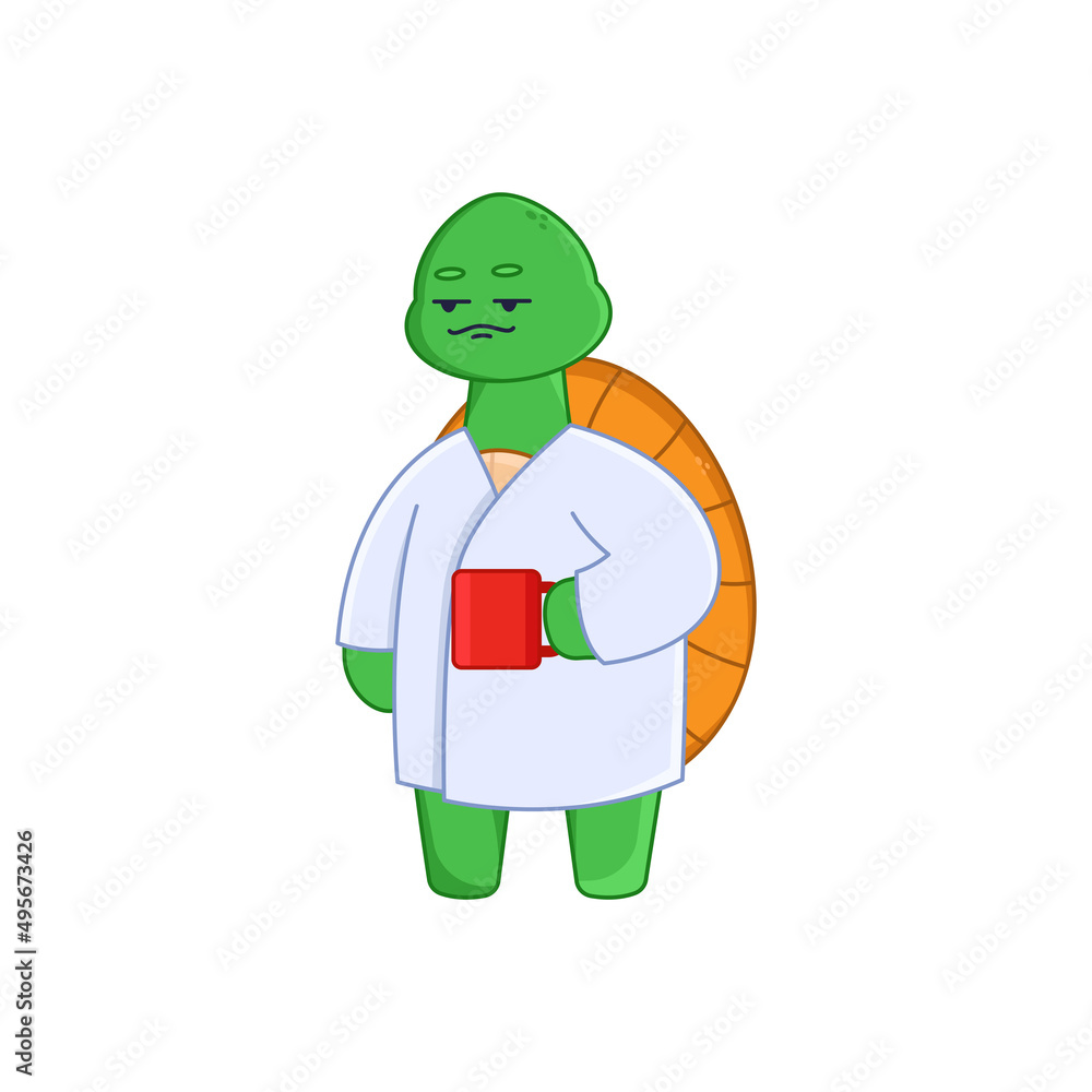 Funny turtle cartoon character holding coffee mug sticker. Cute comic ...
