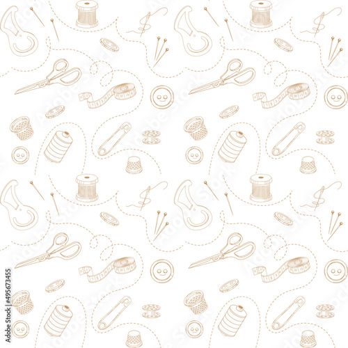 Cutting and sewing tool and supplies seamless background. Threads, pin, meter, thimble, pattern, shuttle and button