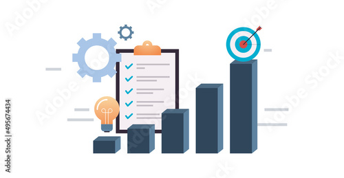 Strategic business planning concept and business mission, vision, statement, competitive acumen, goals, succes, loyalty metaphor, great startup flat illustration. 
