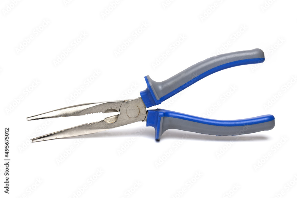 Fototapeta premium Closeup bent pliers holding pulling white background
