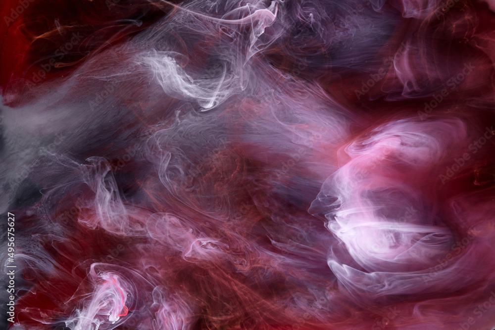 Black and red ink background, colorful fog, abstract swirling ocean, acrylic paint pigment underwater, white smoke Black and red ink background, colorful fog, abstract swirling ocean, acrylic paint pigment underwater, white smoke