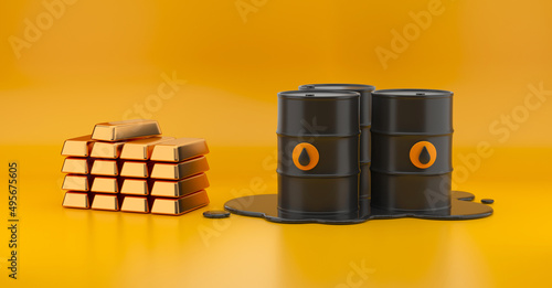 Oil barrels in the puddle of raw oil and pile of gold bars. Black metal oil barrel on yellow background. Industrial treasury concept. 3D rendering photo