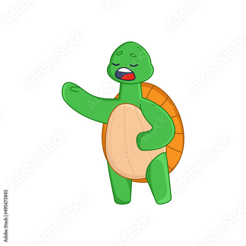 Cute turtle cartoon character singing song sticker. Adorable comic tortoise as singer in musical, choir or theater flat vector illustration isolated on white background. Emotions, animals concept