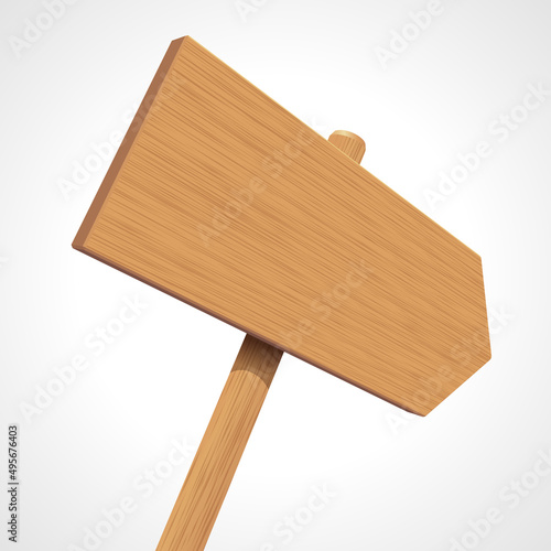 Empty wooden indicating sign on pole vector illustration. Simple wooden signboard in shape of arrow with blank space for text indicating direction fixed on pole against white background