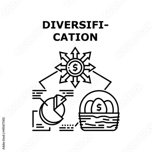 Diversification Vector Icon Concept. Diversification Financial Occupation For Earning Money, Researching Market And Investing In Different Business. Analyzing Finance Information Black Illustration