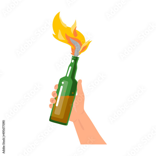 The hand holds a Molotov cocktail. Flat. Vector illustration. isolated.