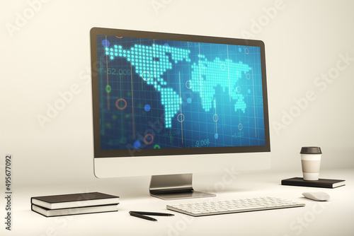 Abstract creative digital world map on modern laptop monitor, tourism and traveling concept. 3D Rendering