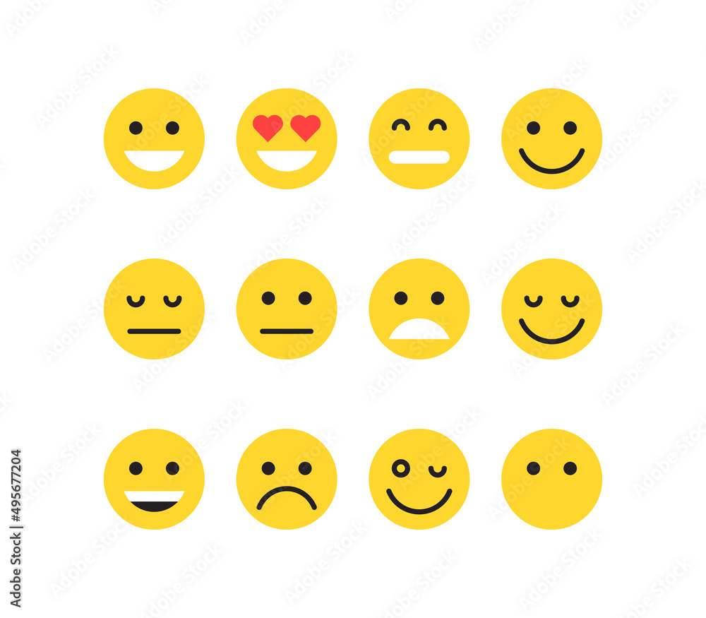 Fototapeta premium Simple expressions and yellow cartoon smile flat illustration. 
