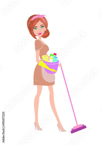 Beautiful Housewife with a mop and cleaning detergents 