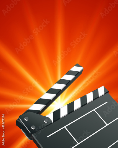 Vector illustration of empty movie clapper board representing concept of film making and video production on yellow light rays background