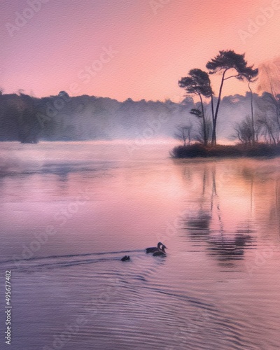 Watercolor and pastel drawing Finland  nature landscape, mystical foggy forest, autumn trees trend popular print for poster, textile or canvas. Modern fine arts design wallpaper. Wall art oil painting