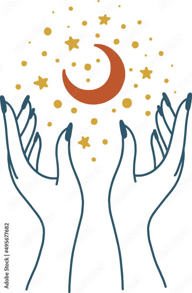Moon illustration with hands decorative element, vector object