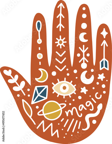 Vector hand with moon, star and eye object, decorative illustration