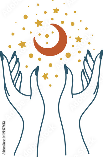 Moon illustration with hands decorative element, vector object