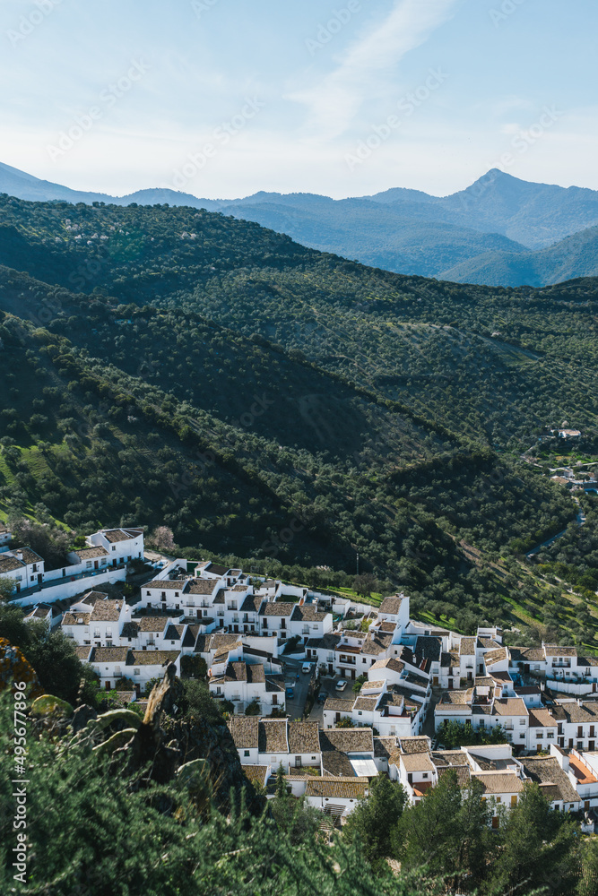 Aereal view of the white village of Zahara de la Sierra in Andalusia, Spain.